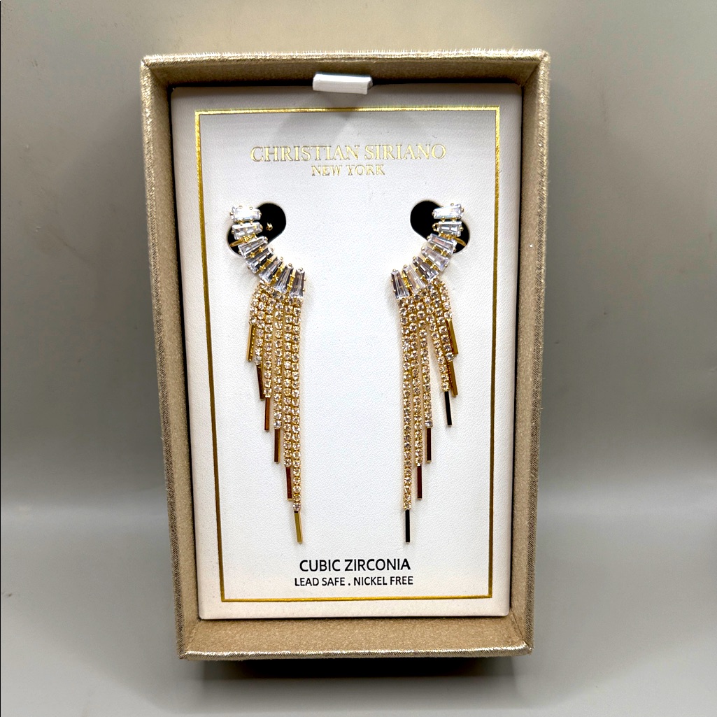 Christian Siriano Gold Tone Cz Cubic Zirconia Dangle Drop Statement Earrings 25$